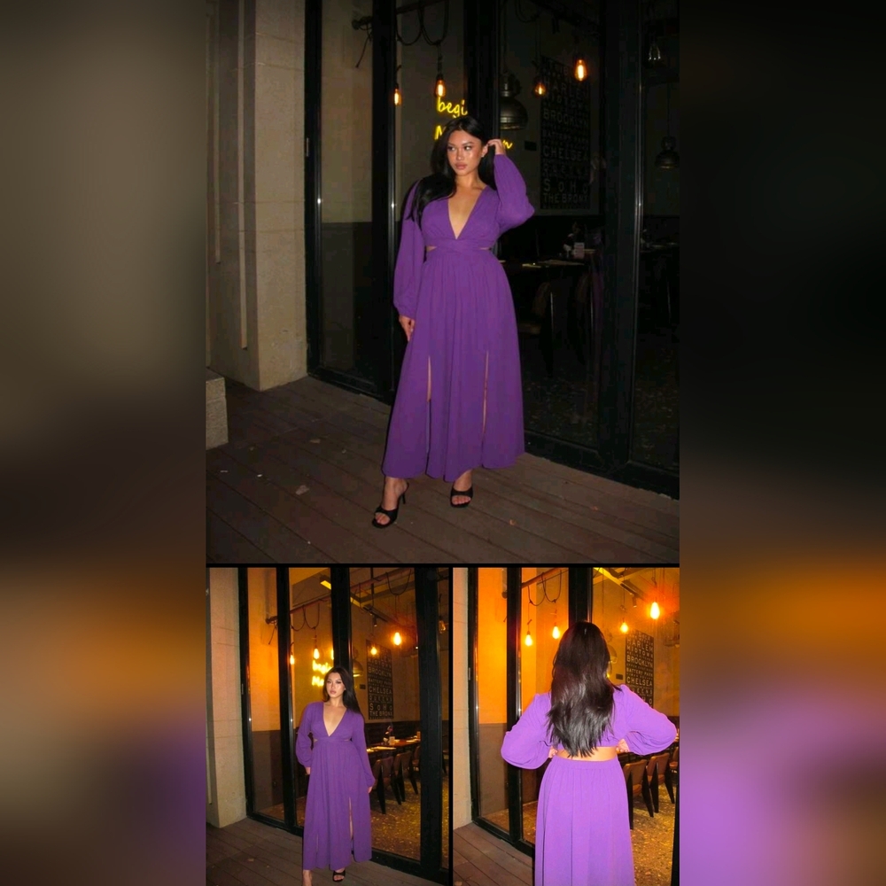 Elegant Purple Pleated Maxi Dress Size 1XL  Deep V-Neck Long Sleeve Formal Event